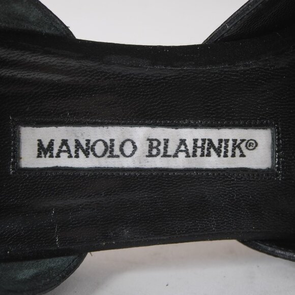 Manolo Blahnik Heels Floran Sz 38 Black Rhinestones Satin Leather Kitten 1.5" - Picture 11 of 13